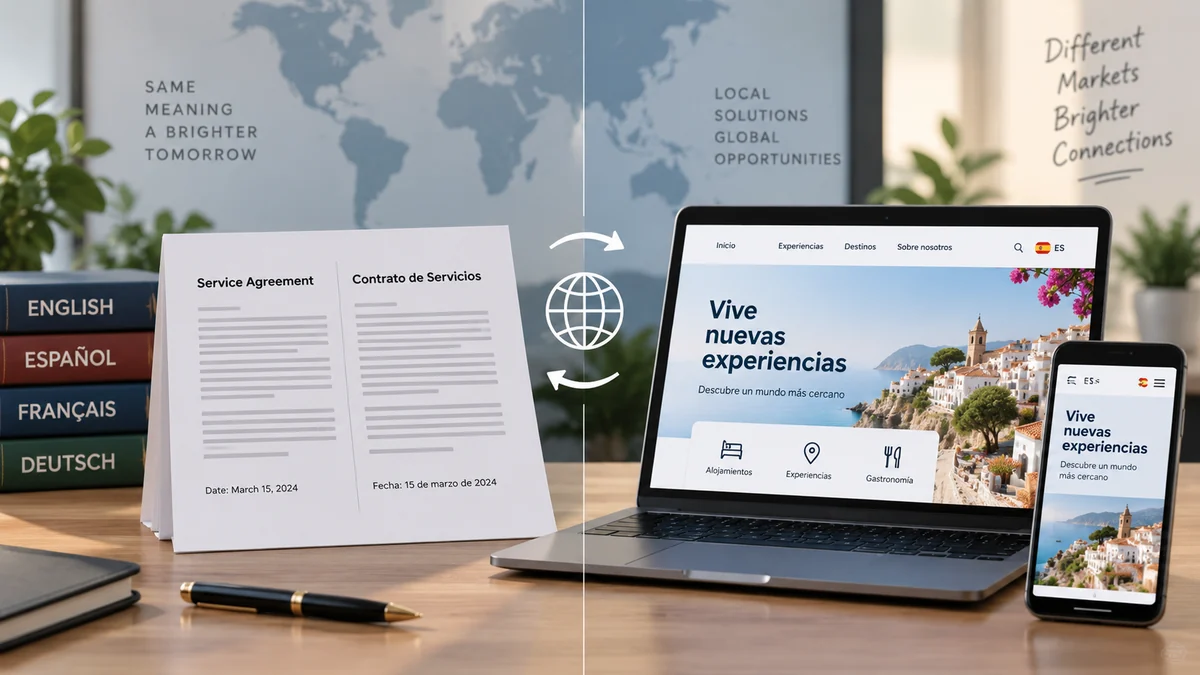 Difference between translation and localisation illustrated with translated documents and a localised website