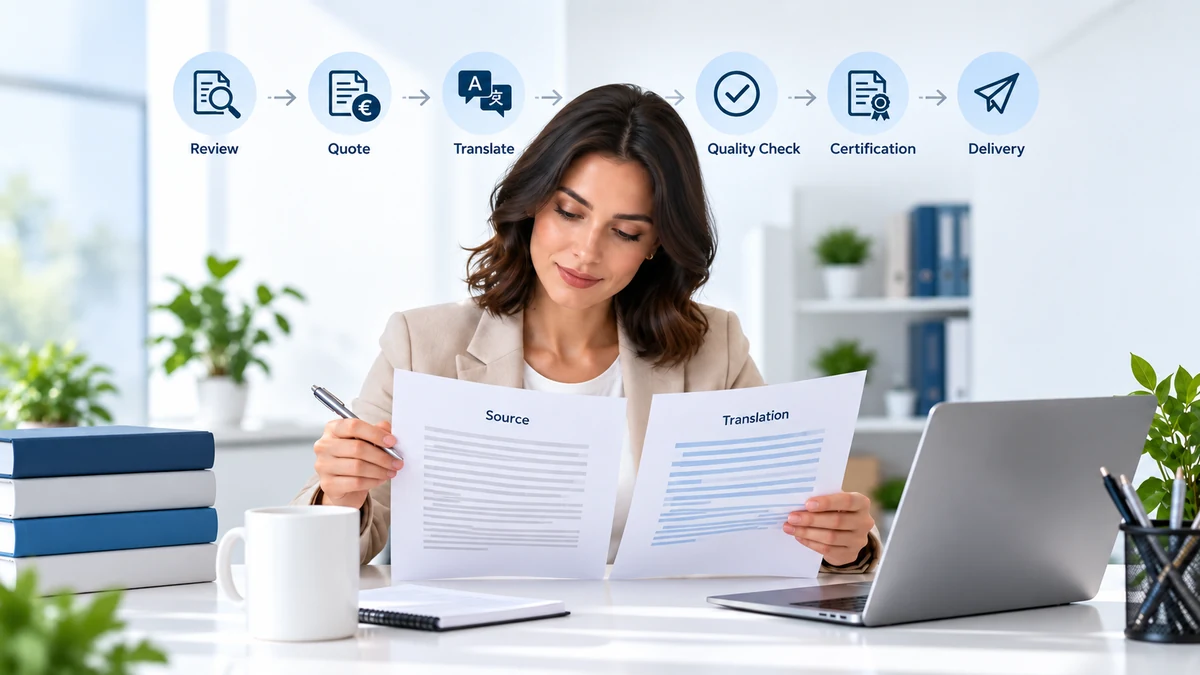 Professional translation process from document review to quality checking and delivery