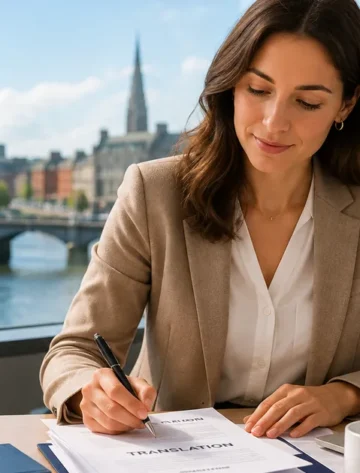 Spanish translation services in Ireland with Spanish and Irish flags, documents and laptop