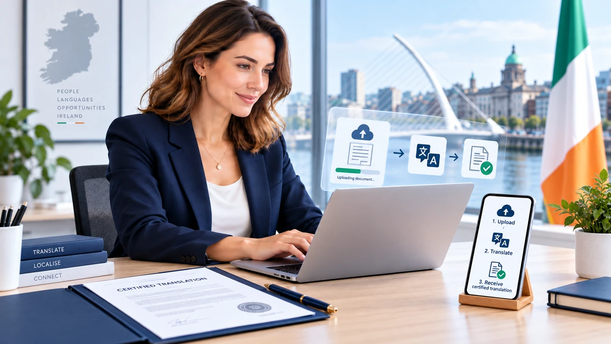 Online certified translation in Ireland showing document upload and certified delivery