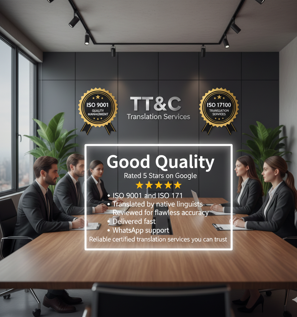 TT&C certified translation team demonstrates quality and accuracy, reflecting a 5-star Google rating and adherence to ISO 9001 and ISO 17100 standards.