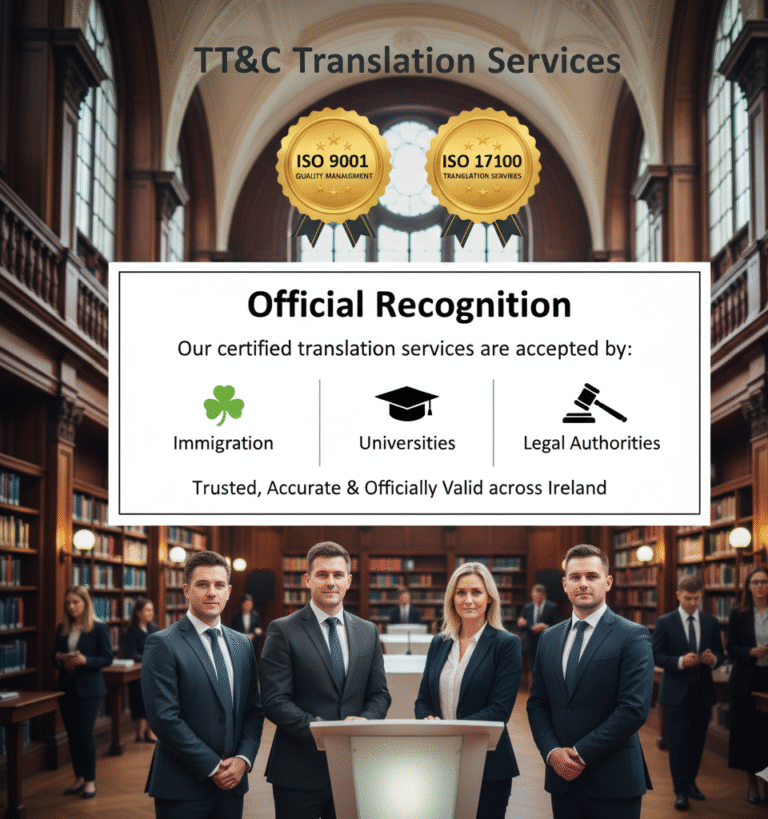 TT&C Certified Translation Services accepted by Irish Immigration, Universities, and Legal Authorities across Ireland.