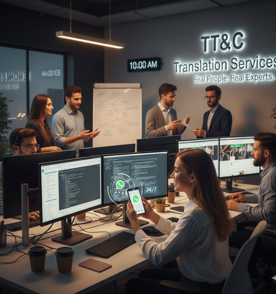TT&C Translation Services Dublin team providing 24/7 human expert support for certified translations, featuring WhatsApp communication.