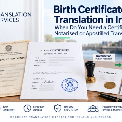 Birth certificate translation in Ireland with certified, notarised and apostille options