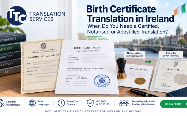 Birth certificate translation in Ireland with certified, notarised and apostille options