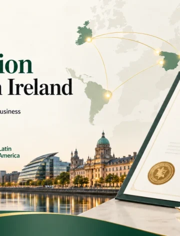Professional Spanish translation services in Ireland banner with Ireland and Spain map, Dublin skyline and certified translation certificate
