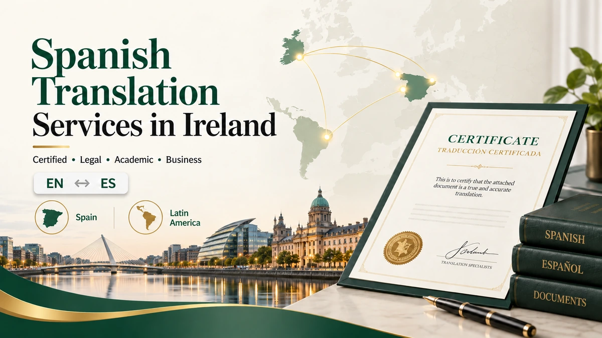 Professional Spanish translation services in Ireland banner with Ireland and Spain map, Dublin skyline and certified translation certificate