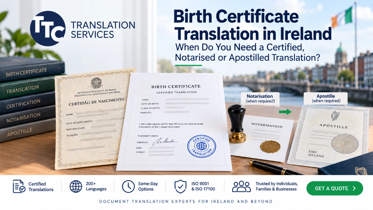 Birth certificate translation in Ireland with certified, notarised and apostille options